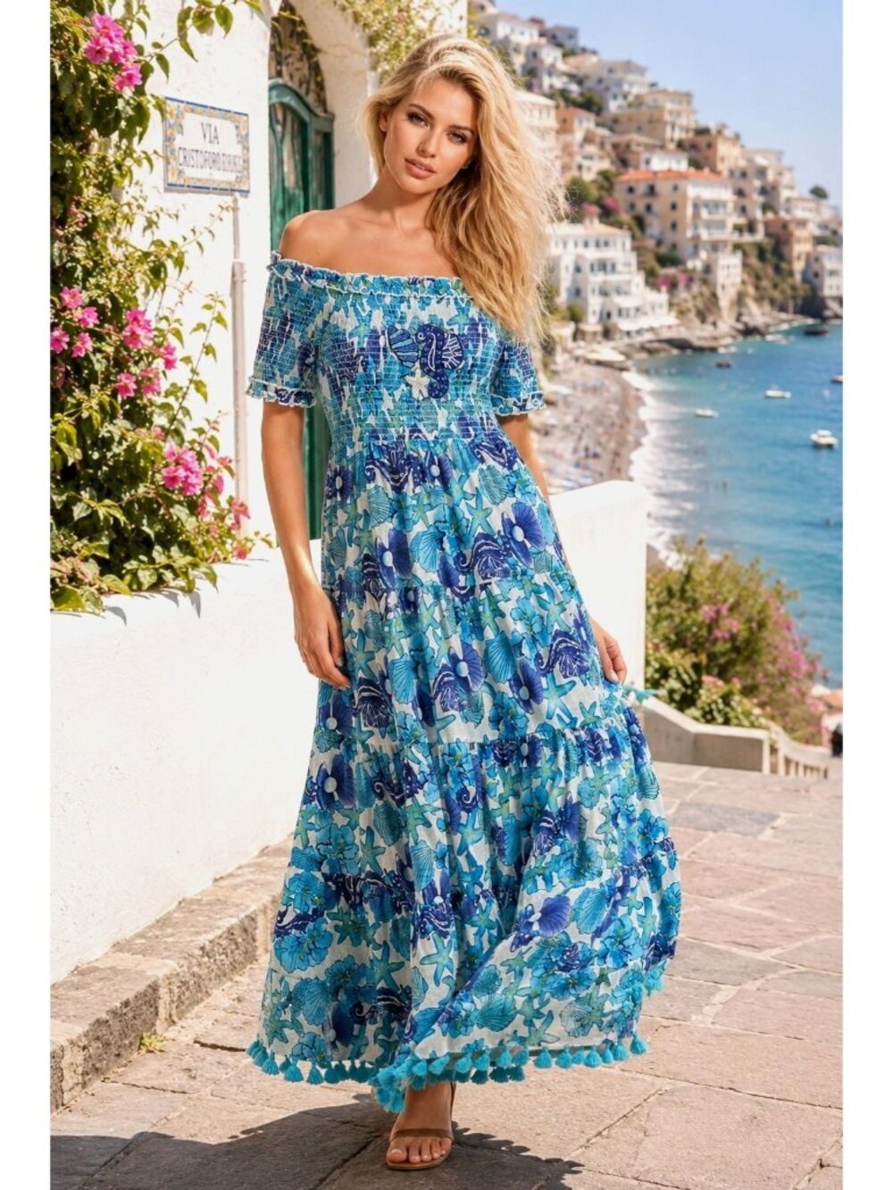 Colori Di Mare FS Blue Seashell Smocked Off Shoulder Maxi Dress Beachy Cottageco
